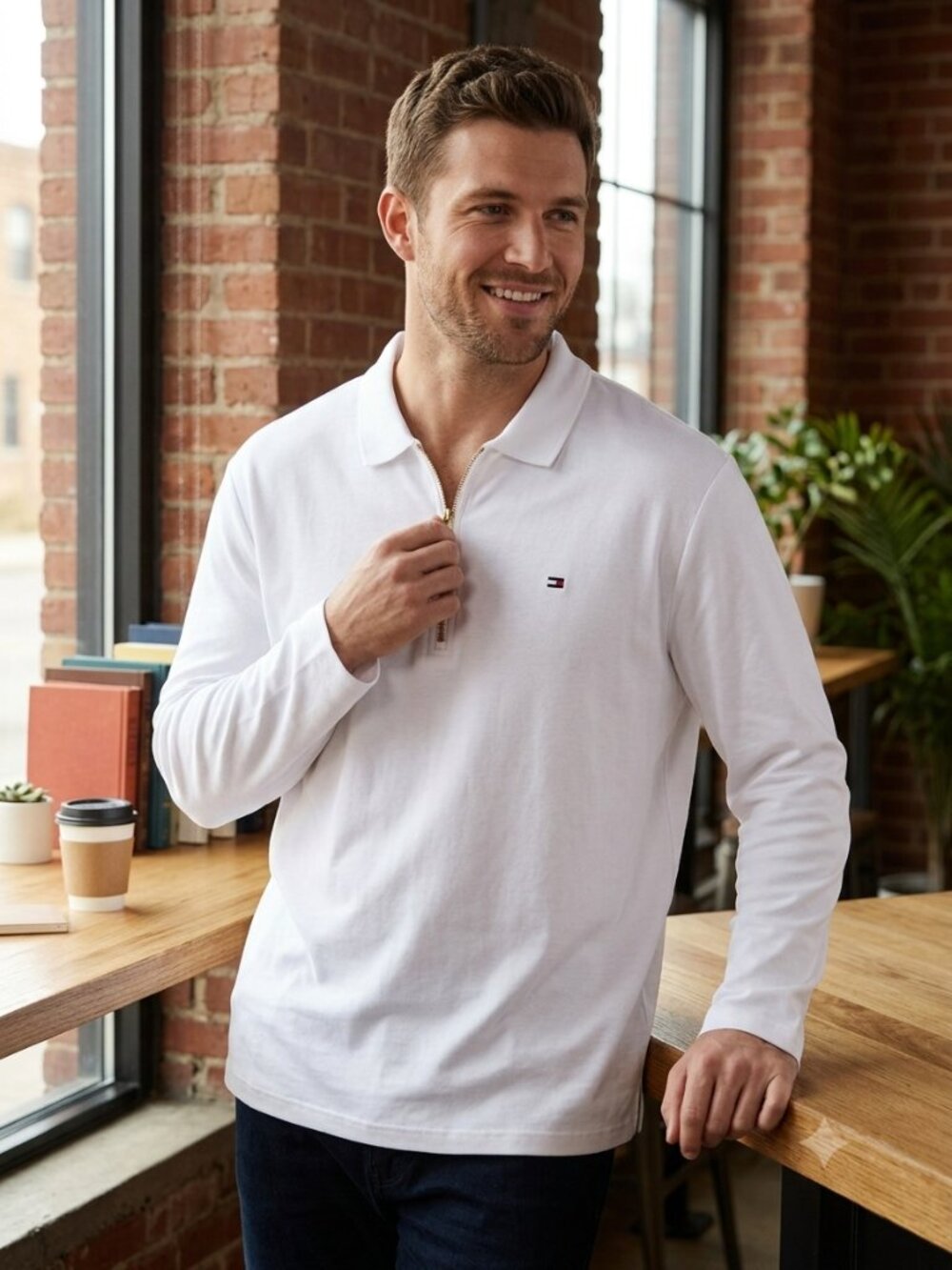 NWT Tommy Hilfiger Slim Fit Quarter Zip Polo Shirt XXL White Gold Zipper